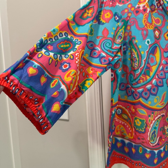 Talbots colorful 3/4 Sleeve Tassel Front v-neck Blouse, size Lp, 100% Cotton - Picture 3 of 6